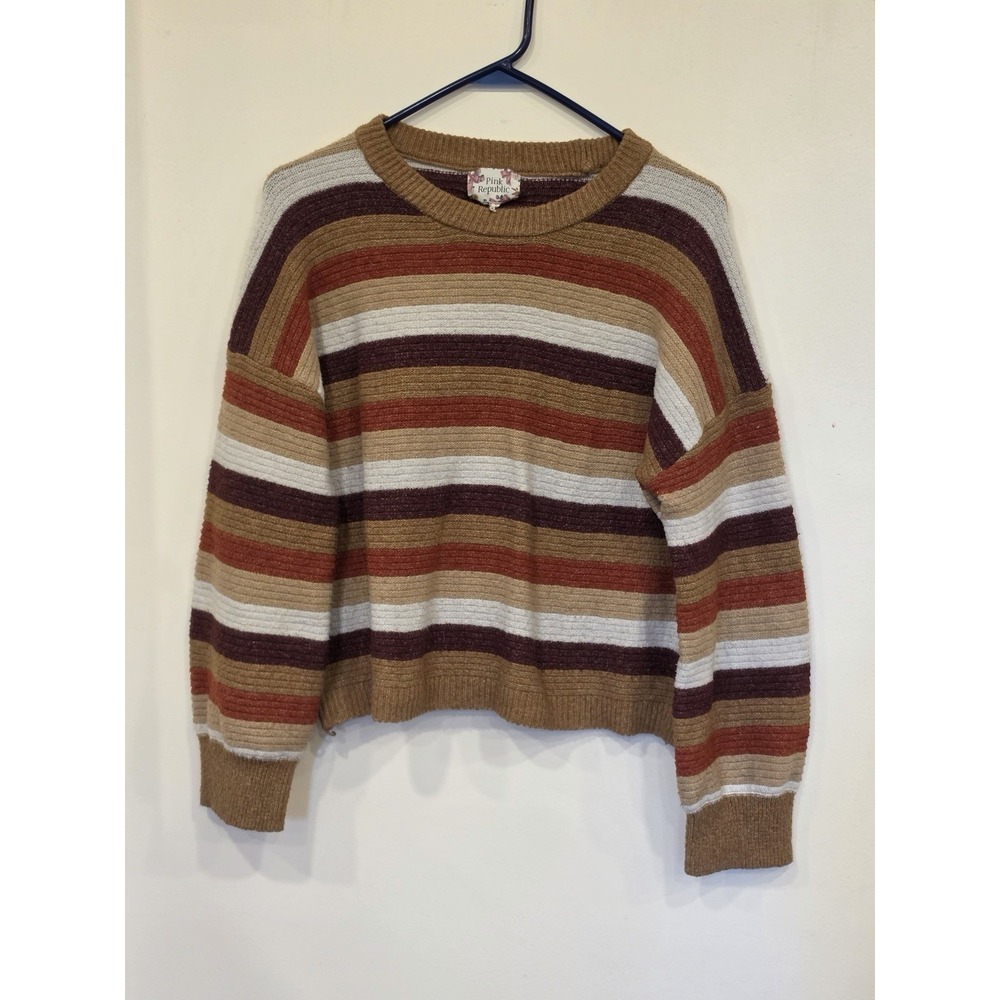 Striped Sweater Women's Multicolor Rust Burgundy Camel Retro Boho Autumn Fall L